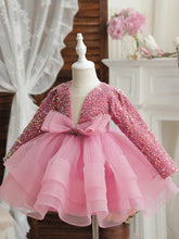 Young Girl Bow Decor Sequin Mesh Hem Luxurious Party Dress